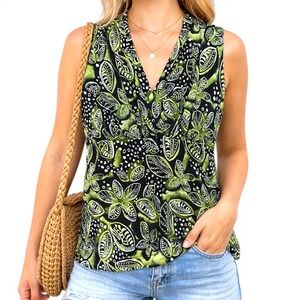 JKLA California Large Green Black Tropical Floral V-Neck Sleeveless‎ Blouse L